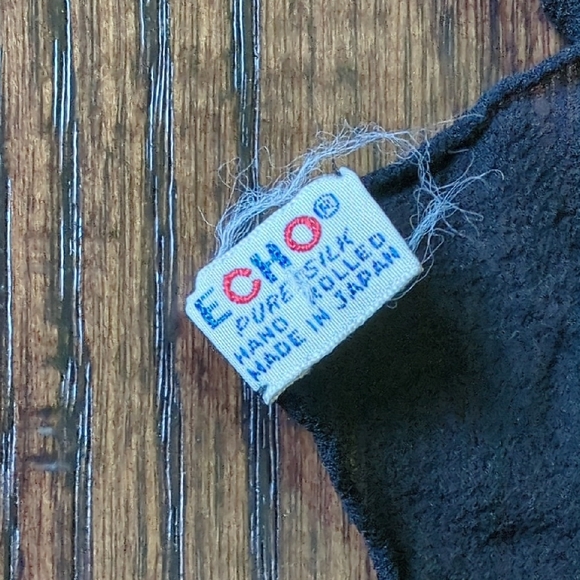 ECHO I Vintage Black Embroidered Pink Flower Floral Hand Rolled Silk Scarf - Picture 4 of 10